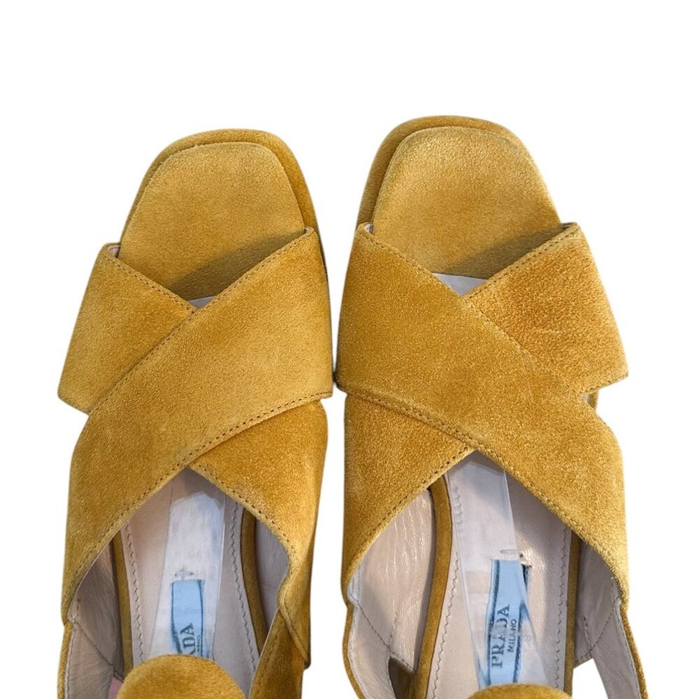 Prada Suede Crisscross Platform Yellow Block Heel Sandals 36.5 - Picture 5 of 10
